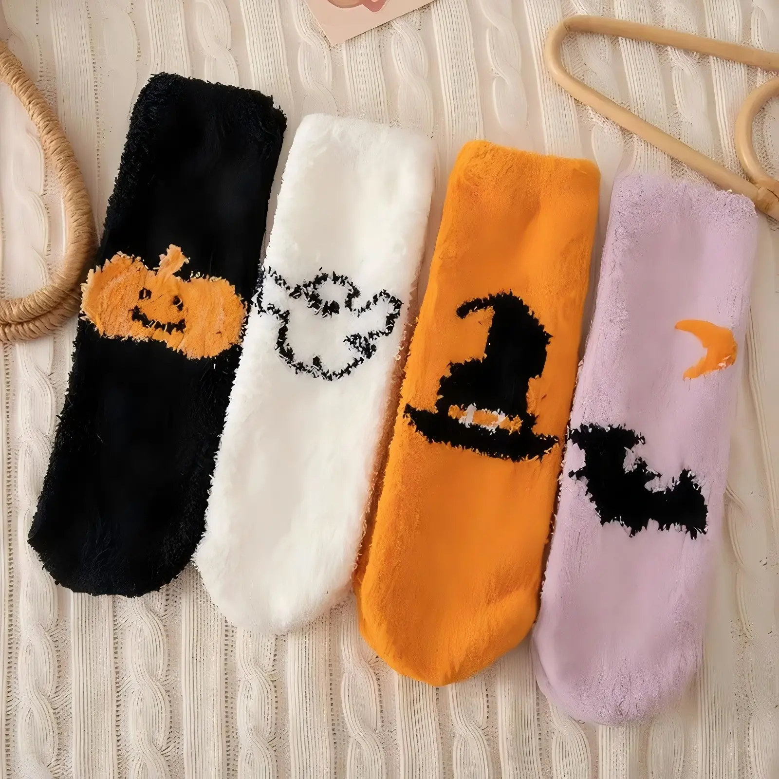 4 Pairs Halloween Fuzzy Socks, Cozy Soft Plush Socks for Women & Men, Warm Fluffy Crew Socks for Sleeping, Lounging, Yoga & Gifts