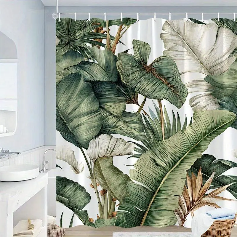 1pc Tropical Leaves Shower Curtain - Realistic Monstera & Palm Design with Pale Contrasting Leaves on White Durable Polyester Fabric Machine Washable Bathroom Decor Includes Hooks for Modern Home Bathrooms Bathroom Decor