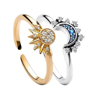 Celestial Sun and Moon Ring Set,Sun and Moon Necklace Bracelets,Sparkling Sun Ring/Blue Moon Ring,Adjustable Celestial Jewelry Anillos Para Mujer Stackable Rings,Friendship Promise Ring,Gift for Women,Valentine's Day/Birthday Gifts