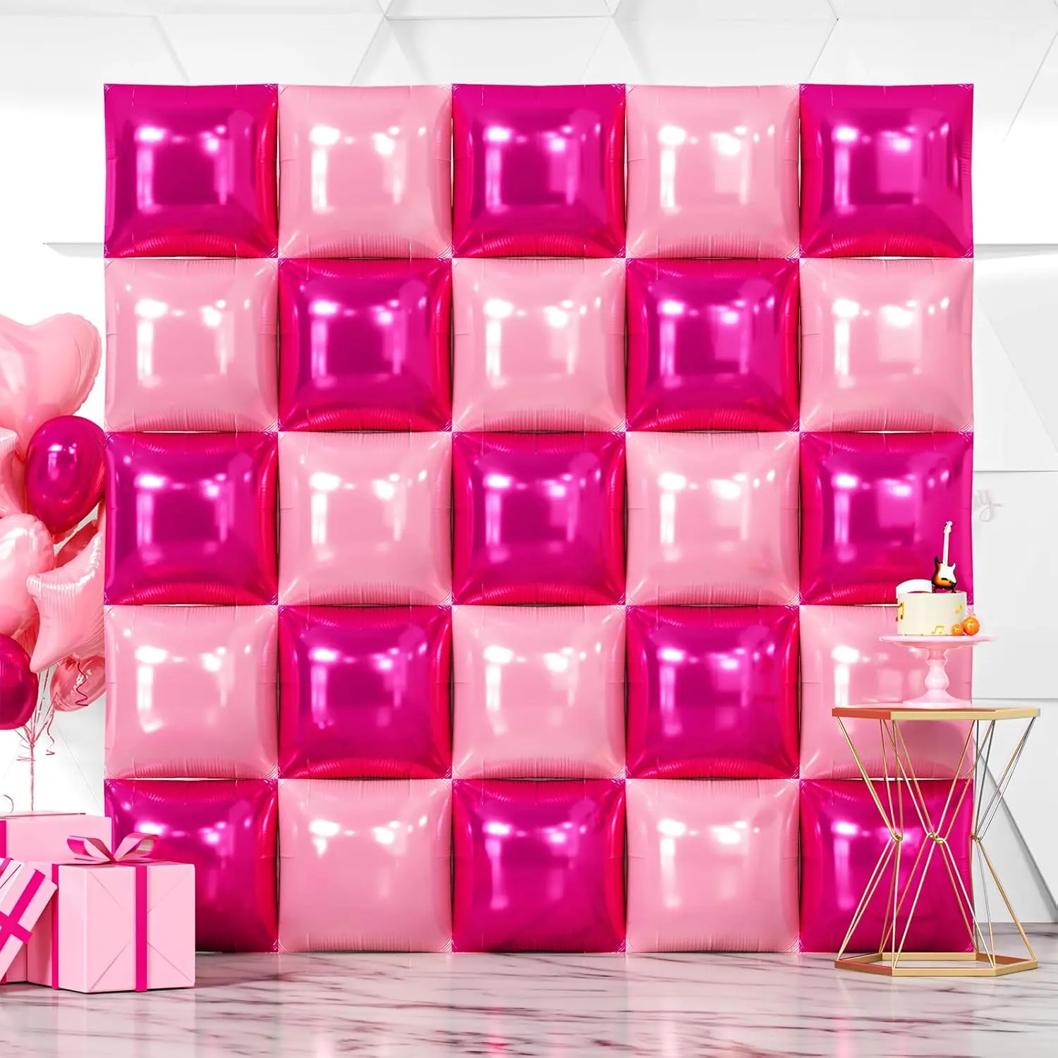 NISOCY 25PCS Hot Pink and Rose Square Foil Balloons Wall Backdrop