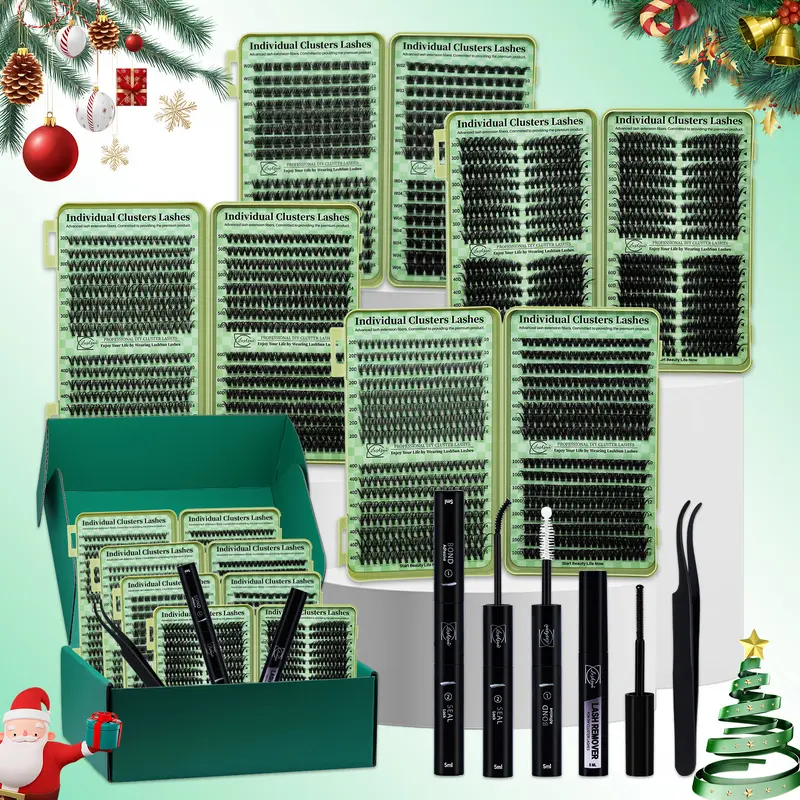Christmas Gift Box, False Eyelashes, Voluminous False Eyelashes, Eyelash Extensions Set, 2304PCS Individual Lashes 14 Styles Mixed 10-16mm Wispy/Volume Lashes Kit with Bond&Seal Lash Remover Tweezers, DIY at Home, Easy Apply, Eyelash Extension Supplies