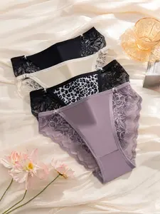 Women's Leopard Print Seamless Invisible Panties, Soft Comfortable Fabric, Slim-Fitting Drop Waist, Sexy Style, All Seasons, 4 Pack, Seamless Underwear