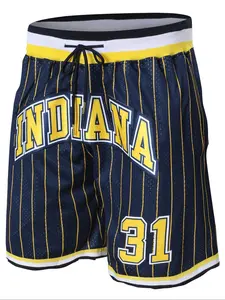 Men's 31 Blue Vintage Embroidered Zipper Basketball Shorts, Fitted Casual Training Pants for Spring & Fall, Moderate Fabric Thickness