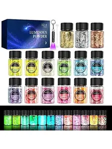 Glow in The Dark Glitter 15 Jar - 12 Colors Glow Glitter and 3 Colors  Foil Flakes, High Luminous Glitter for  Crafts, , , Glowing Dye for DIY