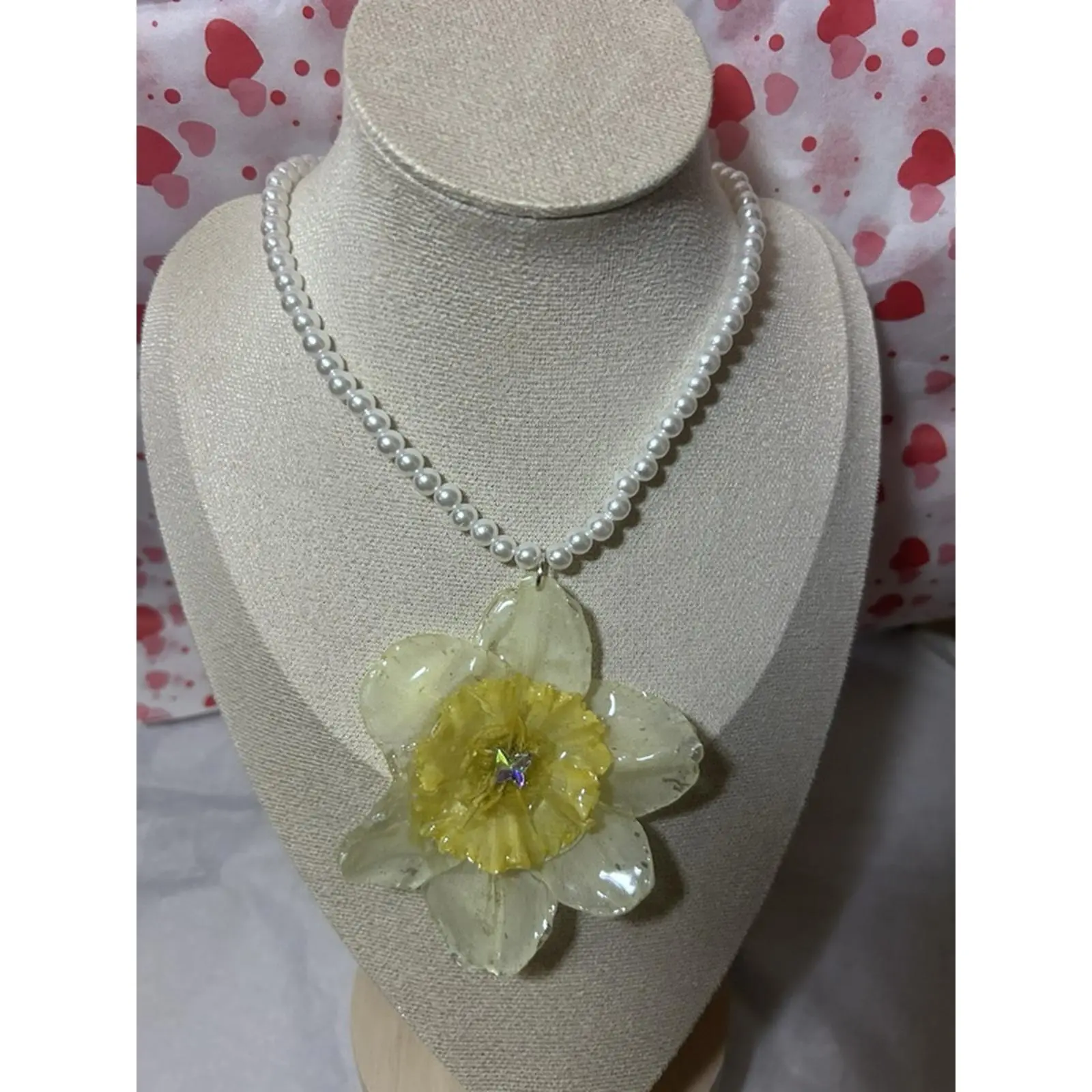 Handmade Resin Daffodil Botanical Pendant Necklace with Faux Pearl Beads, Yellow Flower Design - Costume Jewelry Accessory Ideal for Celebration