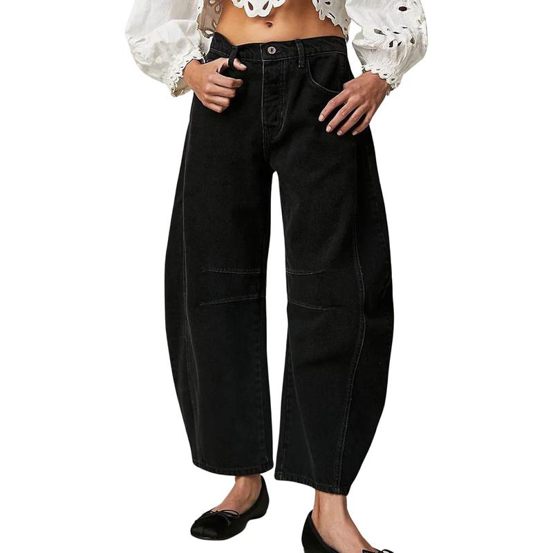 Chouyatou Barrel Jeans Women Wide Leg Cropped Jeans Y2k Mid Rise Baggy Jeans Boyfriend Denim Pants Harem Pants Vintage Breathable