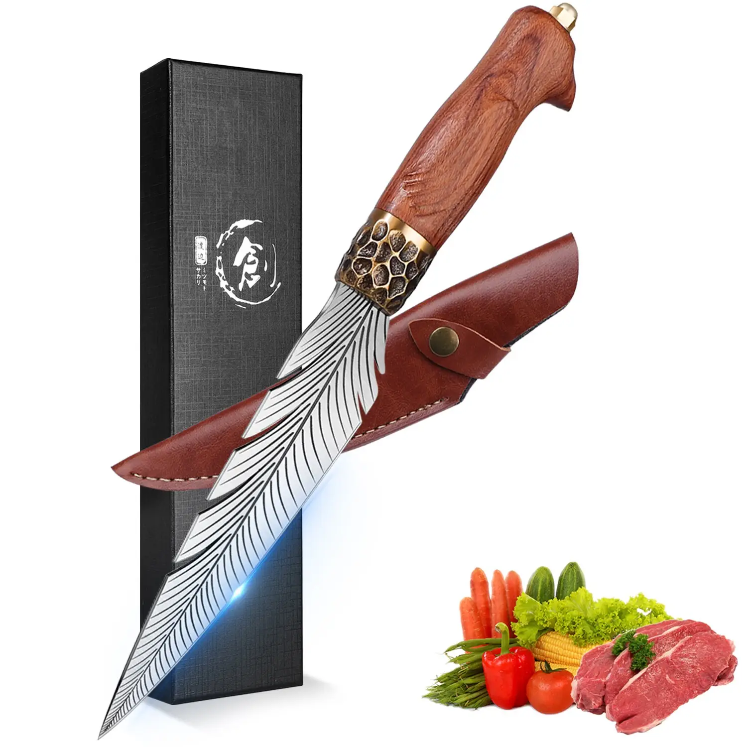 ROCOCO Feather Viking Knife: This 7" Japanese forged boning knife with unique feather design Kitchen Knives Gift for Thanksgiving Day and Black Friday