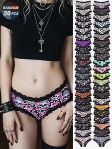 Morvia Random 20pcs Women's Panties, Goth Skull & Floral Print, Lace Trim Cotton Underwear Set, Fitted Casual Style for All Seasons