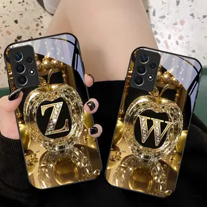Golden letter W Smartphone case suitable for Samsung Galaxy A73 5G/A51 5G/A52 5G/A53 5G/A54 5G/A36/A56/A32 5G/A33 5G/A42 5G/A31/A50/A51/A70/A71/A35 5G/A55 5G/A32/A34 5G Black glass protective case Casing
