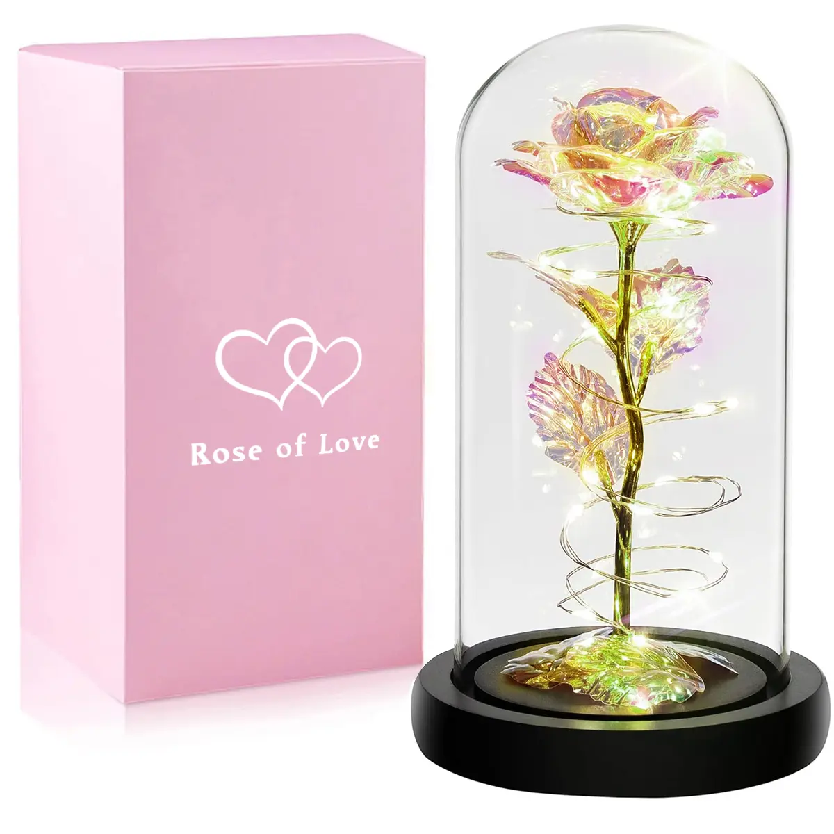 Valentine's Day Artificial Gold-Plated Rose with Creative Plastic Base and Glass Dome Featuring Colorful lights, Gift Box Packaging Ideal for Valentine's Day Gifts, Romantic Night Light for Bedroom Decor