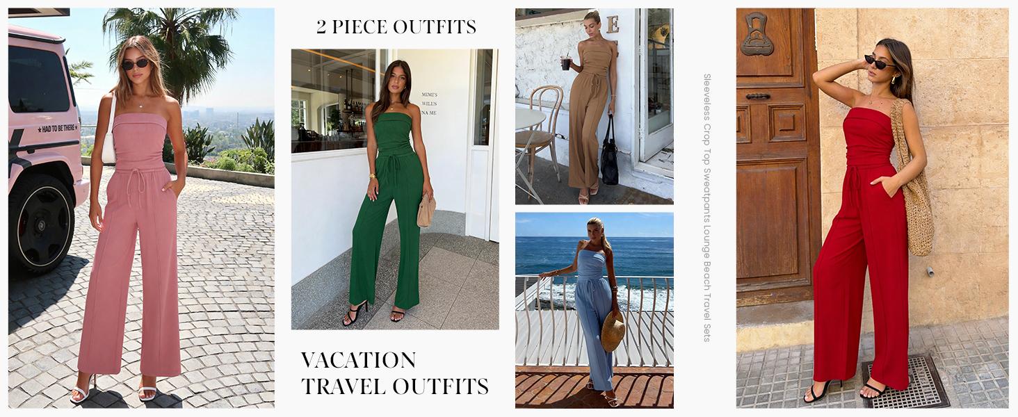 PrettyGarden Womens Summer Outfits 2 Piece Sets Casual Ribbed Knit Crop Tube Top Wide Leg Pants Spring Matching Lounge Set