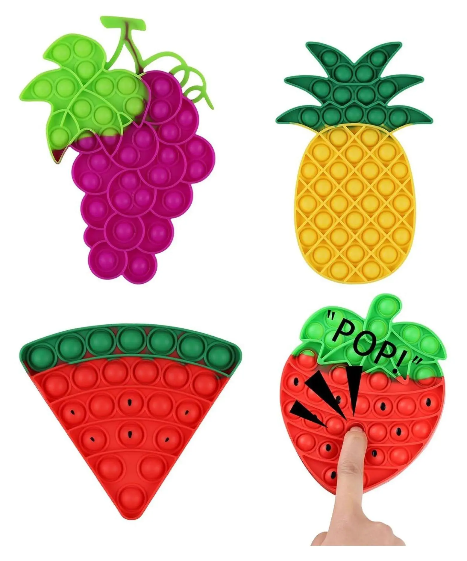 4-Pack Silicone Fruit Shapes Push Pop Fidget Toys - Unisex Stress Relief Sensory Toys for 8-10 Yrs, Autism ADHD Anxiety - Strawberry, Watermelon, Grape, Pineapple Designs, Fidget for Adults