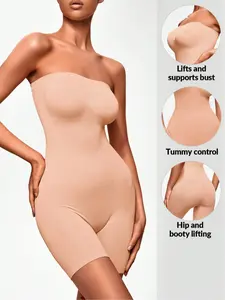 Women's Solid Strapless Seamless Shapewear Bodysuit - High Stretch Anti-Slip Sculpting Design, Firm Tummy Control & Butt Lifting Effect. Soft Breathable Fabric, Invisible Under Any Outfits, Versatile Waist Trainer Shaper. For Commute & Fitness