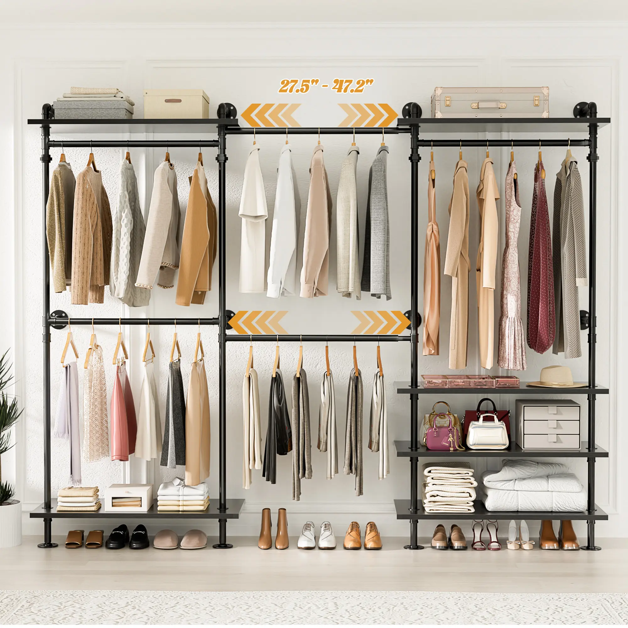 Cyclysio Metal-Wood Expandable Pipe Wall-Mounted Wardrobe - Commercial-Grade Heavy-Duty Stable Vertical Closet Storage Rack with 6 Shelves, Reinforced Rods, Multifunctional Modular Organizer for Bedding