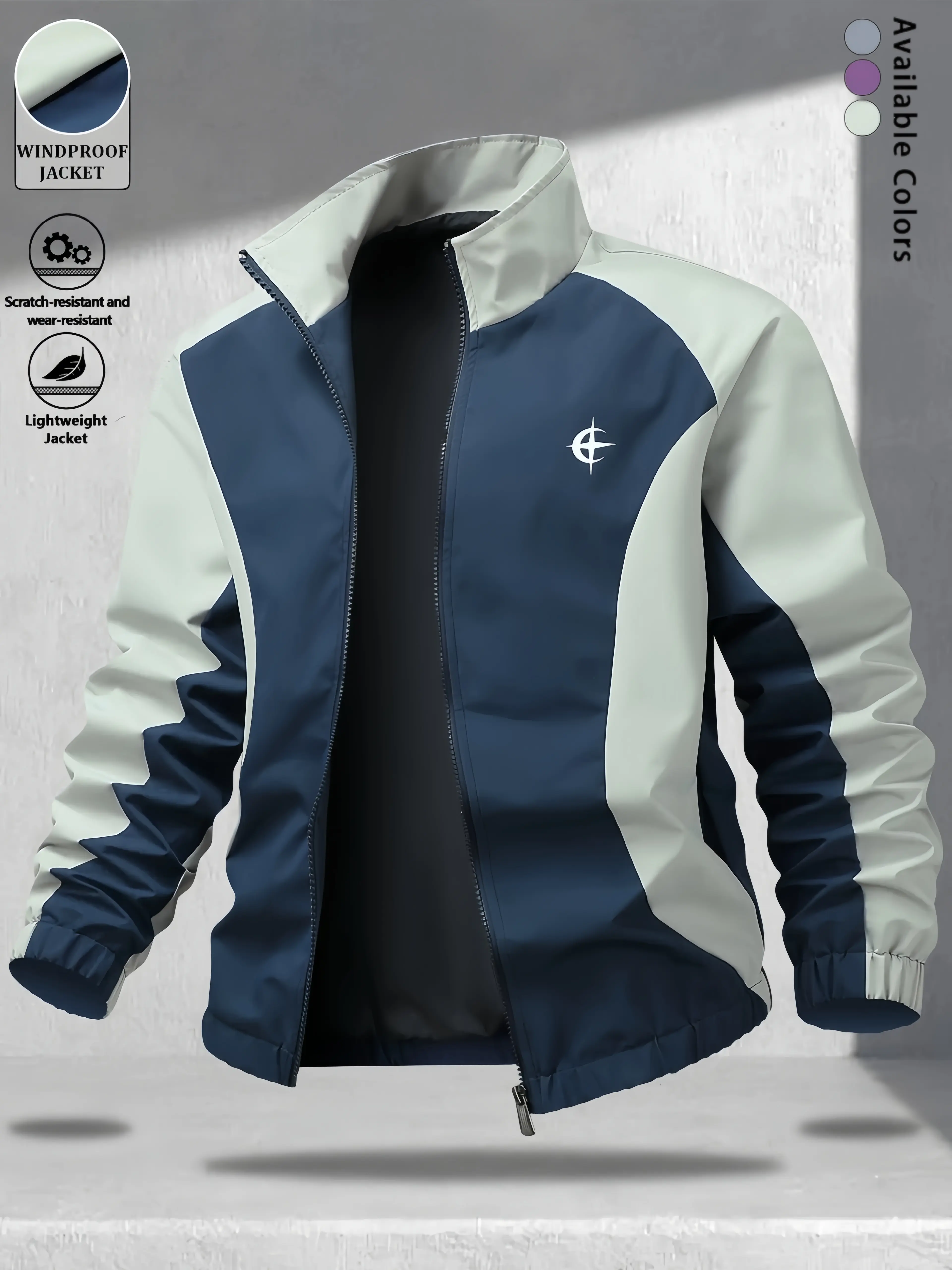Men's Colorblock Zip Up Stand Collar Windproof Jacket, Regular Fit Lightweight Scratch-resistant Casual Long Sleeve Outerwear, Spring Fall Daily Fashion Tops