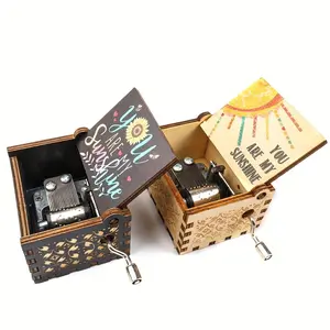 Letter, Sun & Flower Design Pattern Wooden Music Box, 1 Count Hand Crank Music Box, Gift for Wife & Mom & Dad, Birthday Gift, Decoration Items