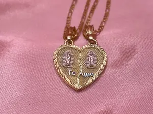 Gold Plated Broken Heart Virgen de Guadalupe Pendant + 2 Chains