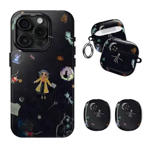 Anime Coralin Night Sky Airpod Case, Button Eye & Black Cat Aesthetic Phone Case, Sparkle Stars Other World Phone Sell for iPhone 17-11 & AirPods Max, Airpod Gen 1-4