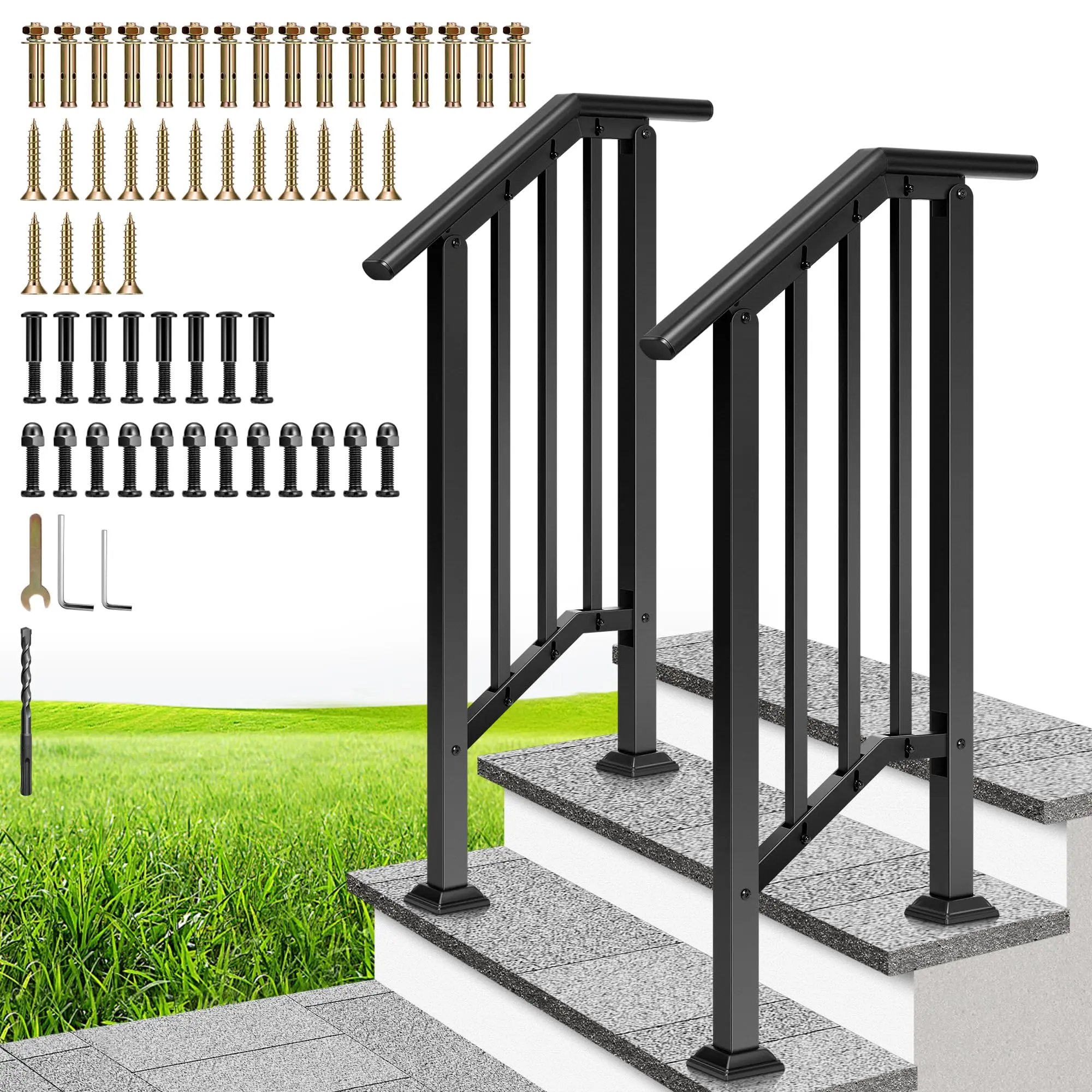 VIVOHOME 2-Pack Galvanized Steel Hand Rails for Outdoor Steps – 13.5" Curved Ends and Safety Balusters Exterior Railing Kit for Porch, Deck, or Indoor Stairs (2-Step, Black)