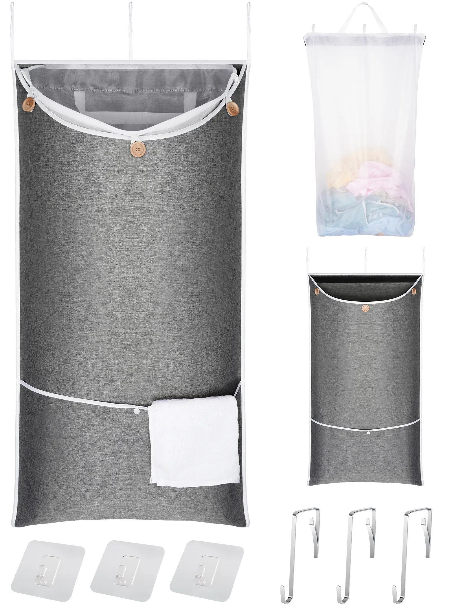 NiHome XL Rectangular Hanging Laundry Hamper (39.4in x 22.4in) - 2-in-1 System with Zip Delicates Bag, Detachable Pocket, Durable Waterproof Composite Cloth, Adjustable Height, 3 Door Hooks, Wall Mount Hooks