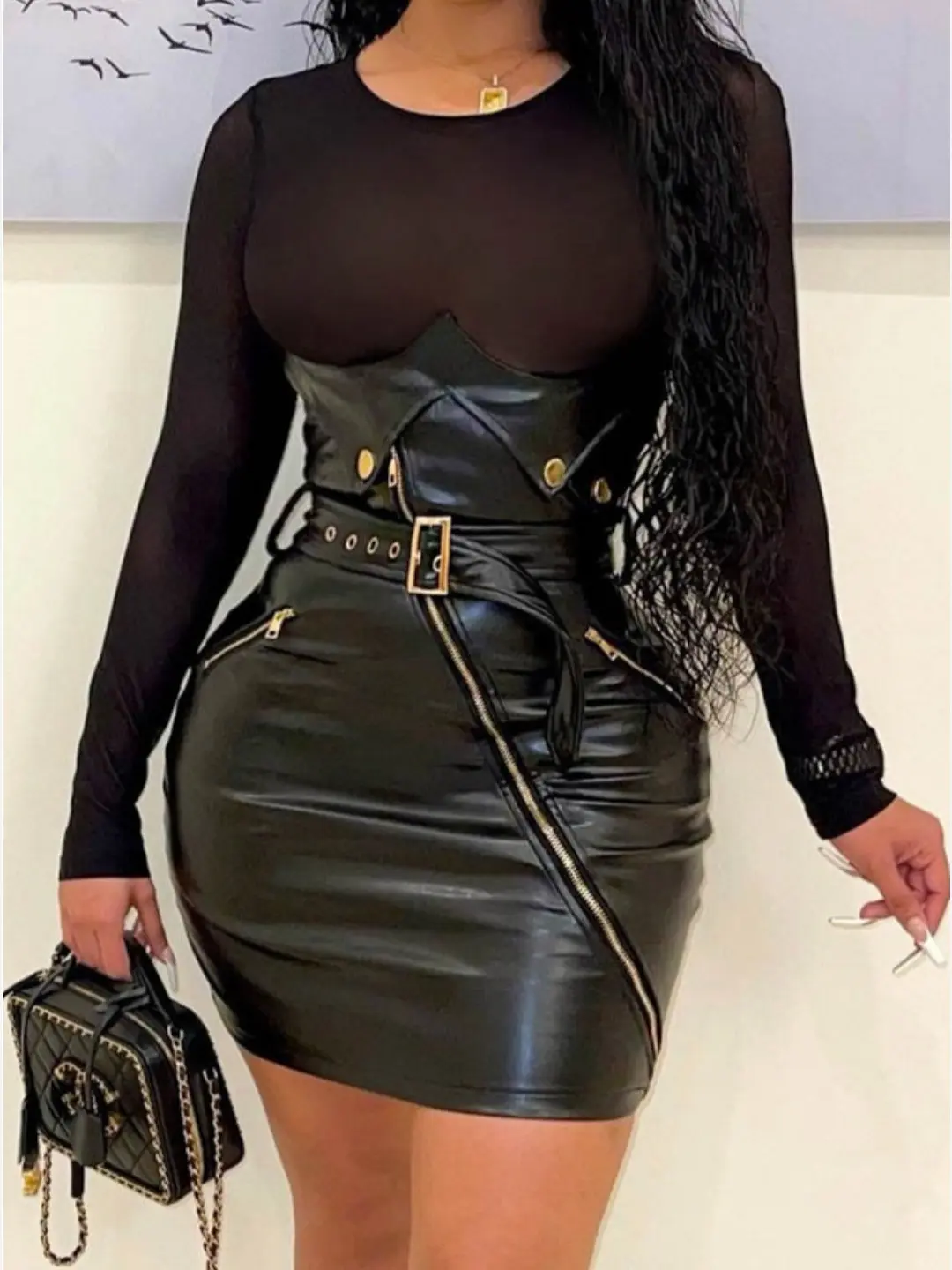 Lady Luxe Fashions Women’s Mesh Fitted Long‑Sleeve Bodycon Dress – Black Faux Leather Skirt with Belt