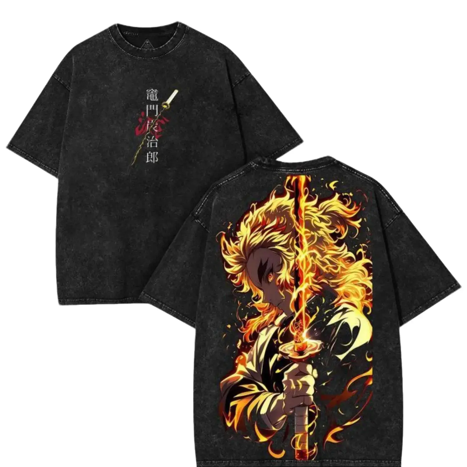 Kyojuro Rengoku Demon Slayer Oversized Washed Graphic Tees – Flame Hashira Sword Double Printed Shirt | Cotton Streetwear T-Shirts For Men