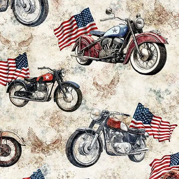 Fabric QT Birch Motorcycles & American Flags Stars Stripes & Steel by the Quarter Yard 31697-E