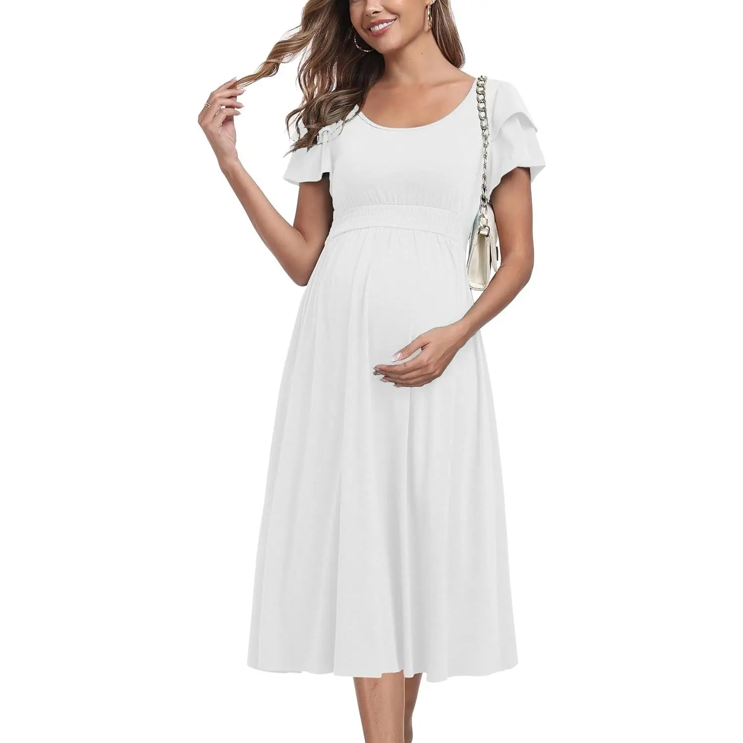 Ruffle Short Sleeve Maternity Dress High Waisted Midi Spring Baby Shower Dresses