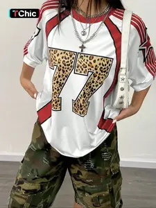 Women's Colorblock Leopard Number Print Short Sleeve T-shirt, Casual Round Neck Tee for Daily Wear, Ladies Clothes for All Seasons