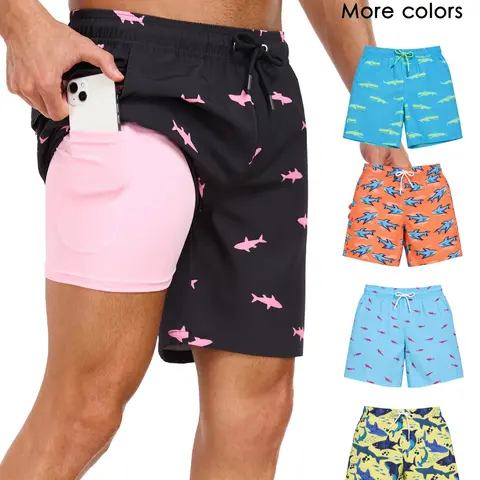 Men's 2-In-1 Summer Swim Trunks with Compression Liner, 7-Inch Swimming Beach Shorts Pants, Quick-Dry Gym Shorts with Compression Lining, Swimwear Shorts for Gym and Pool Vacation Wear, Pockets Swimming Shorts