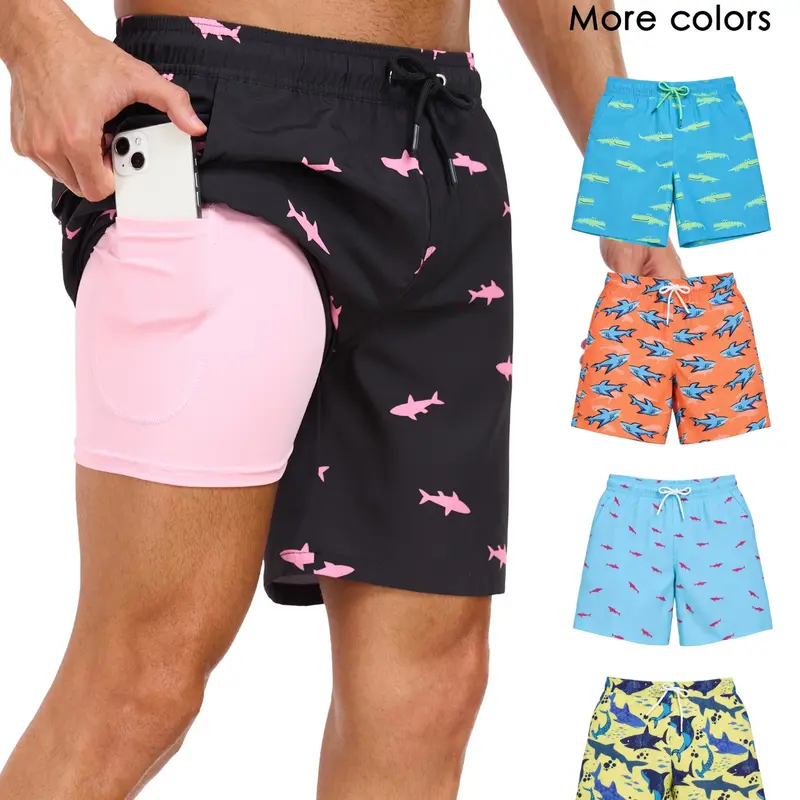 Men's 2-In-1 Summer Swim Trunks with Compression Liner, 7-Inch Swimming Beach Shorts Pants, Quick-Dry Gym Shorts with Compression Lining, Swimwear Shorts for Gym and Pool Vacation Wear, Pockets Swimming Shorts