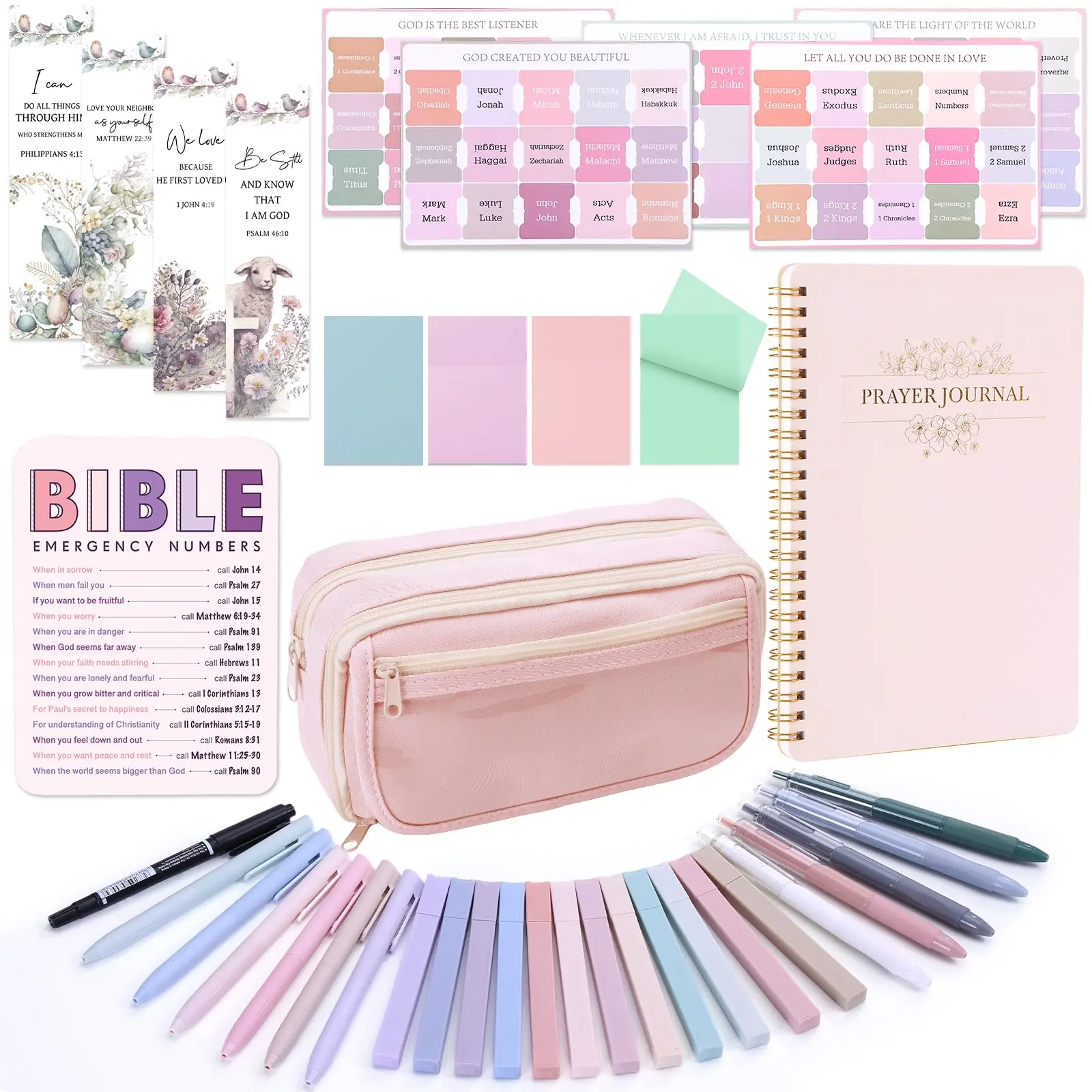 Bible Study Supplies Journaling Kit for Women, Bible Study Kit, 12 Pastel Highlighters and Pens No Bleed, 75 Laminated Tabs, Prayer Journal Pencil Case and More