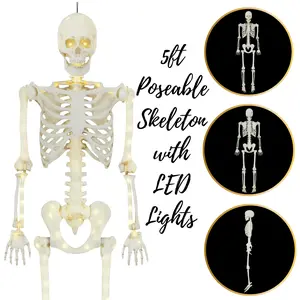 5ft Light-Up Poseable Skeleton Halloween Decoration LED Glow Weatherproof- Halloween Skeleton Decor 5ft Poseable with LED Lights – Indoor/Outdoor
