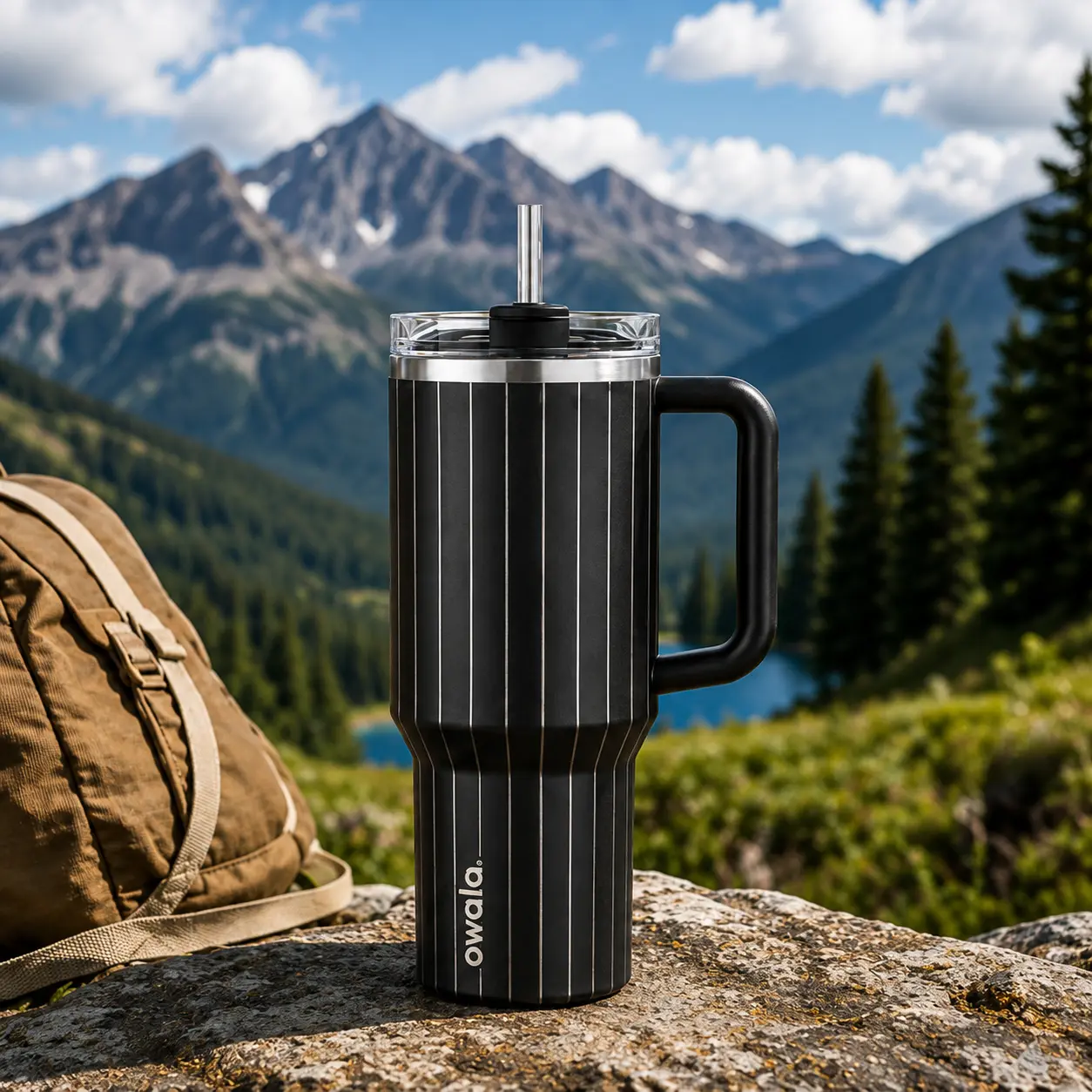 Owala Black Stripe Tumbler with Straw and Handle for Outdoor Adventures