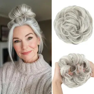 Large Messy Bun Piece Wavy Curly Scrunchies Synthetic Chignon Ponytail Extensions Thick Updo pieces for Women Grey Multi