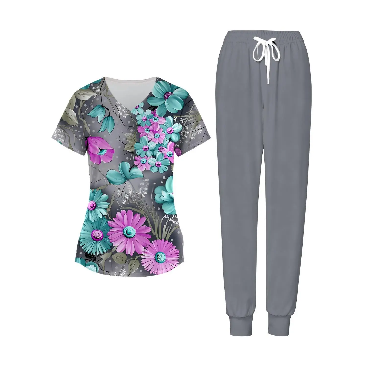 Plus Size Women'S Scrub Set 2pcs Floral Print Nursing Uniforms For Hospital Clinic Work Comfortable Fabric Suitable For Gift