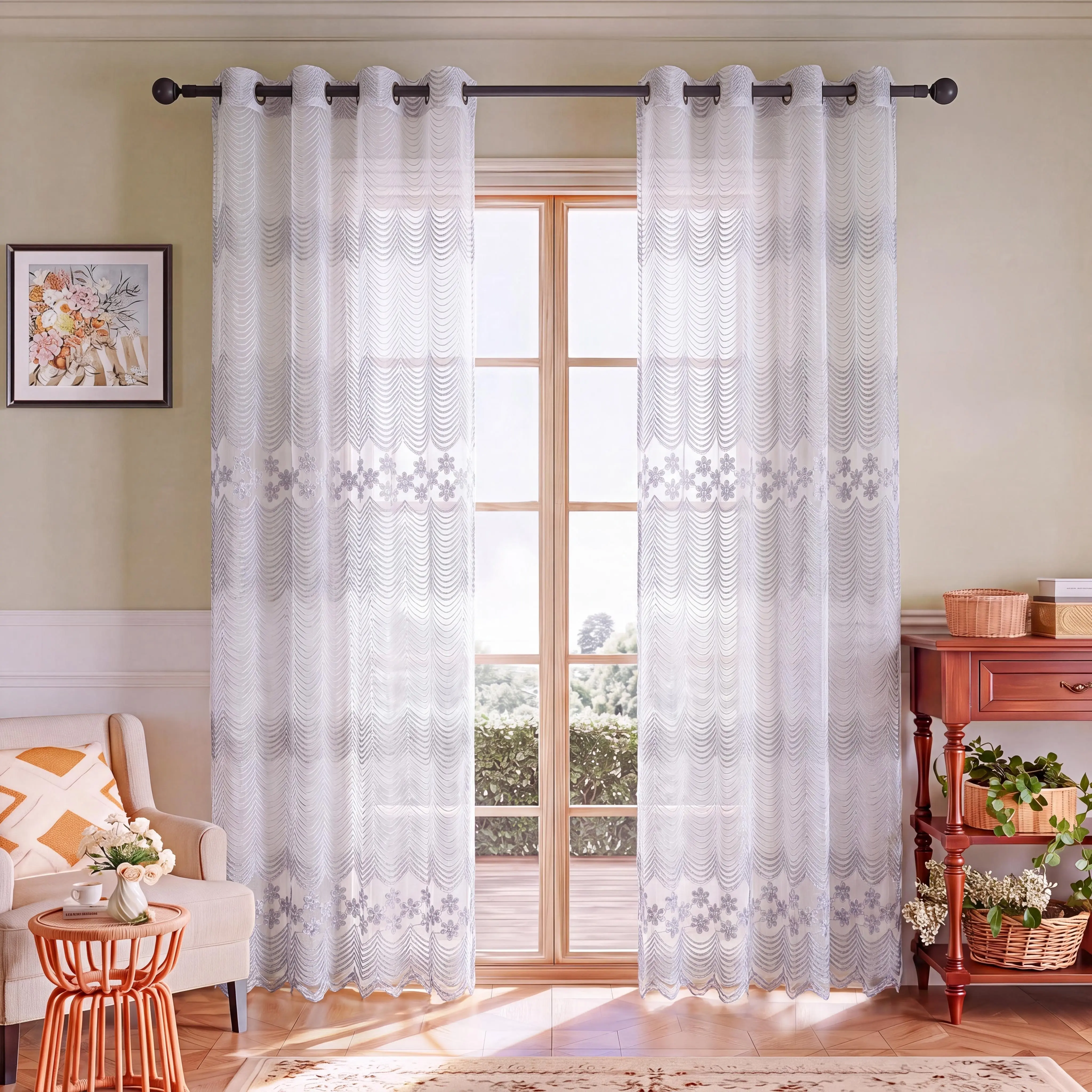 Non-Customised 2-Panel Luxury Embroidered Grommet Plain Curtains (52x84 in), Wedding Fabric, Sheer Privacy-Enhancing Indoor Curtains for Bedrooms, Living Rooms, Bathrooms QF72, Bathroom, Embroidery