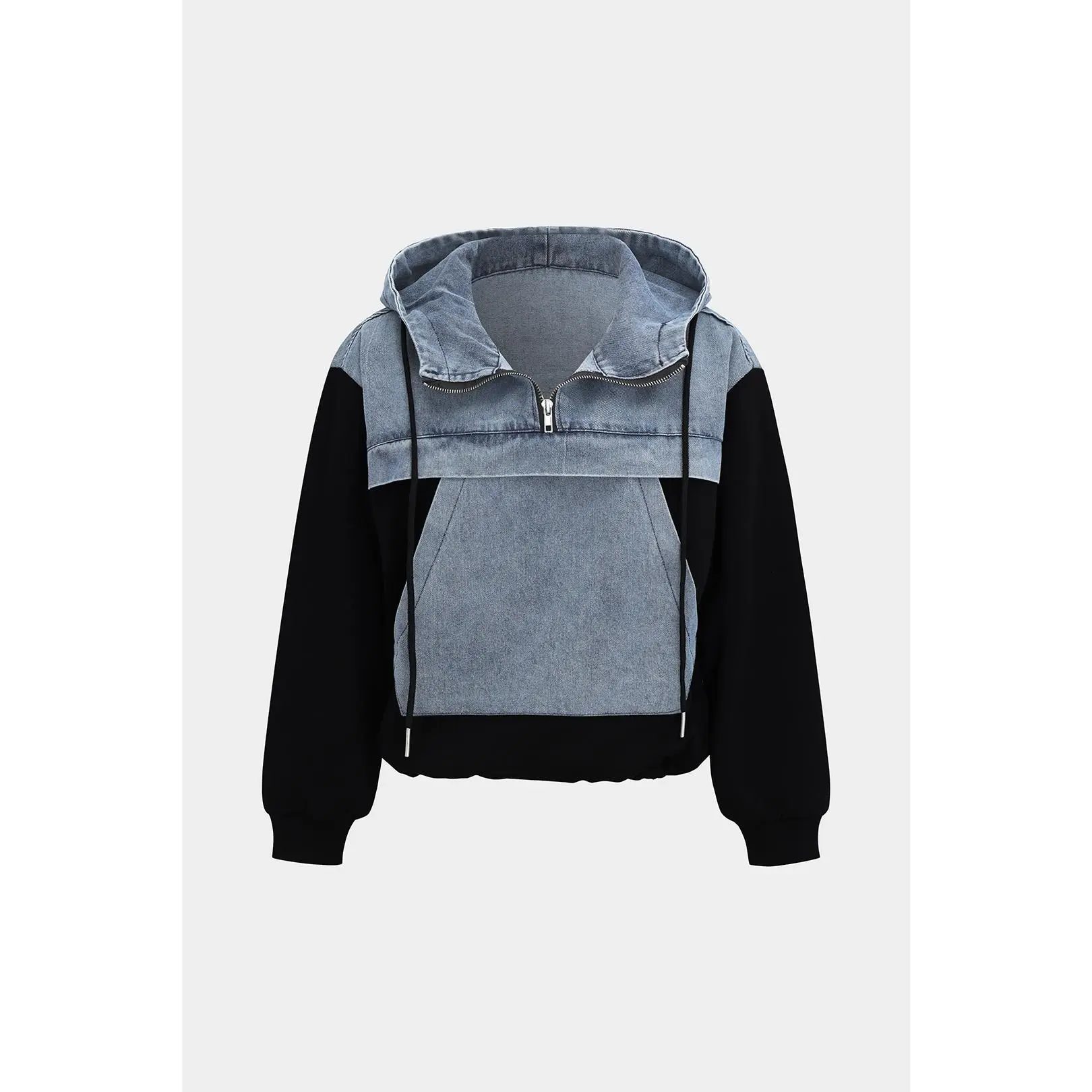Denim Patchwork Long-Sleeve Hoodie