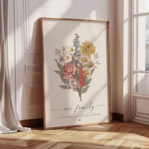 Birth Flowers Family Bouquet Print – Mother’s Day & Birthday Gift for Mom and Grandma, Personalized Birth Month Flower Wall Art