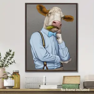 Chic Cow in Clothes & Cucumbers Canvas Art - Frameless 12x16" Oil Painting for Living Room, Bedroom, Bathroom Decor