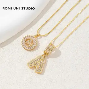 Romi Uni Studio Initial Letter Necklace Set with Zirconia Stones Golden Silver Bubble Necklaces for Women Iced Out Necklace for Men Birthday Gifts Anniversary Gift Zircon Stone Pendant Cuban Link Chain