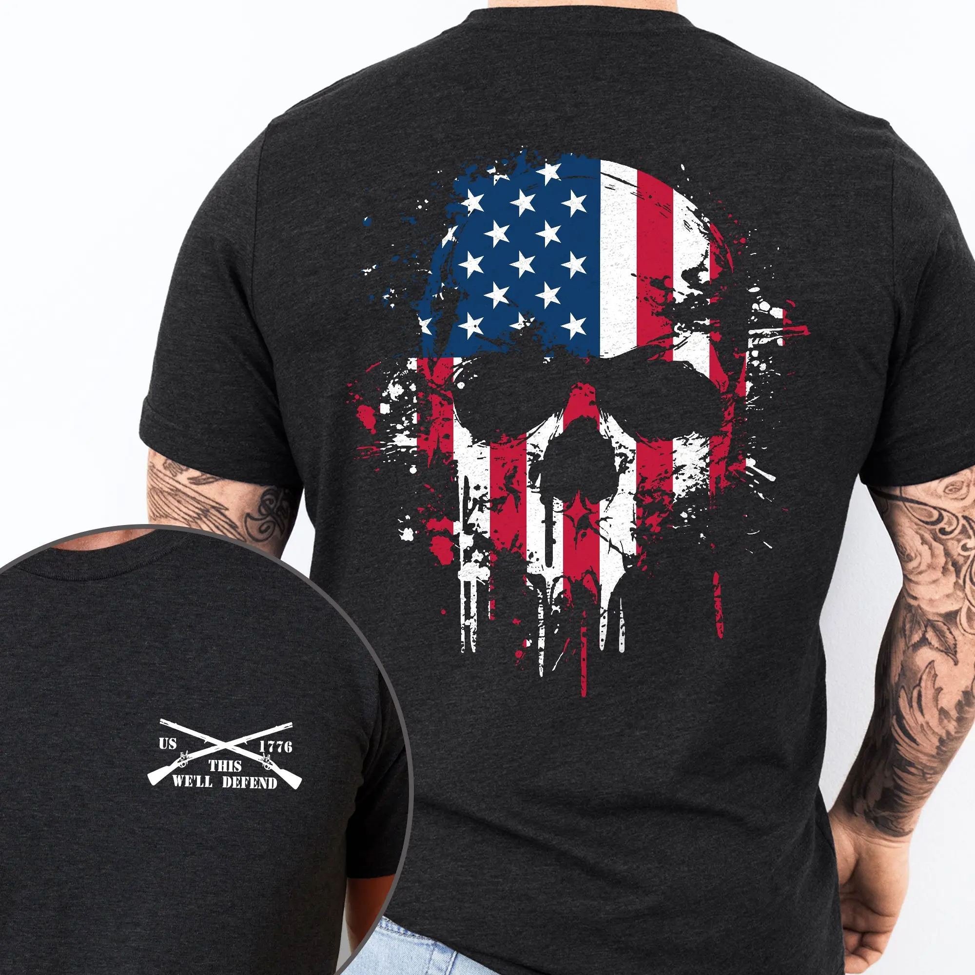 Patriotic American Skull T-Shirt - Regular Fit Street Round Neck Short Sleeve Shirt,Menswear, Father's Day Gift,America 4th of July T-Shirt TPT1893TS