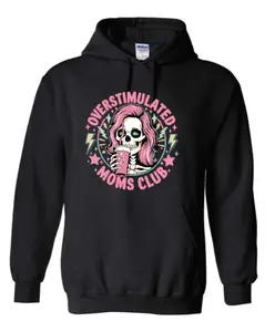 RReal Apparel Co. Overstimulated Moms Club Hoodie - Fitted Long Sleeve Casual Cartoon Print for Autumn - Gildan Heavy Blend 18500 - Cozy & Relatable for Mom Life