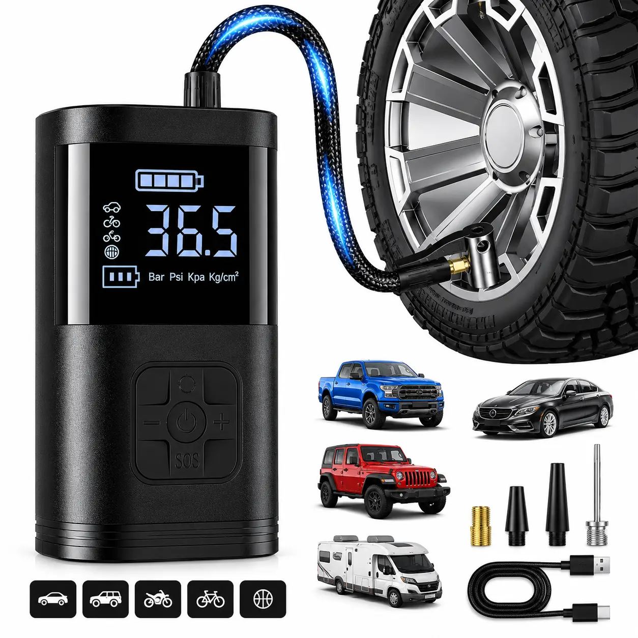 FACDONAN Cordless Tire Inflator, 150 PSI Air Compressor with Digital Display, Auto Shut-Off, USB-C Rechargeable, Emergency Light, Portable Tire Repair & Fitting Tools for Cars/SUVs, Motorcycle
