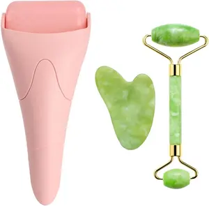 Jade Roller & Gua Sha Facial Massage Set with Ice Roller – Natural Jade Stone Face Massager for Puffiness, Lymphatic Drainage & Skin Care, Cooling Face Roller Tool for Jawline, Wrinkles & Self Care Routine