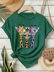 Spring Summer Cartoon Animal Giraffe Sunglasses Print T-Shirt, Fashion Comfortable Casual Everyday Tee, Trendy Graphic Women's Top, Breathable and Versatile