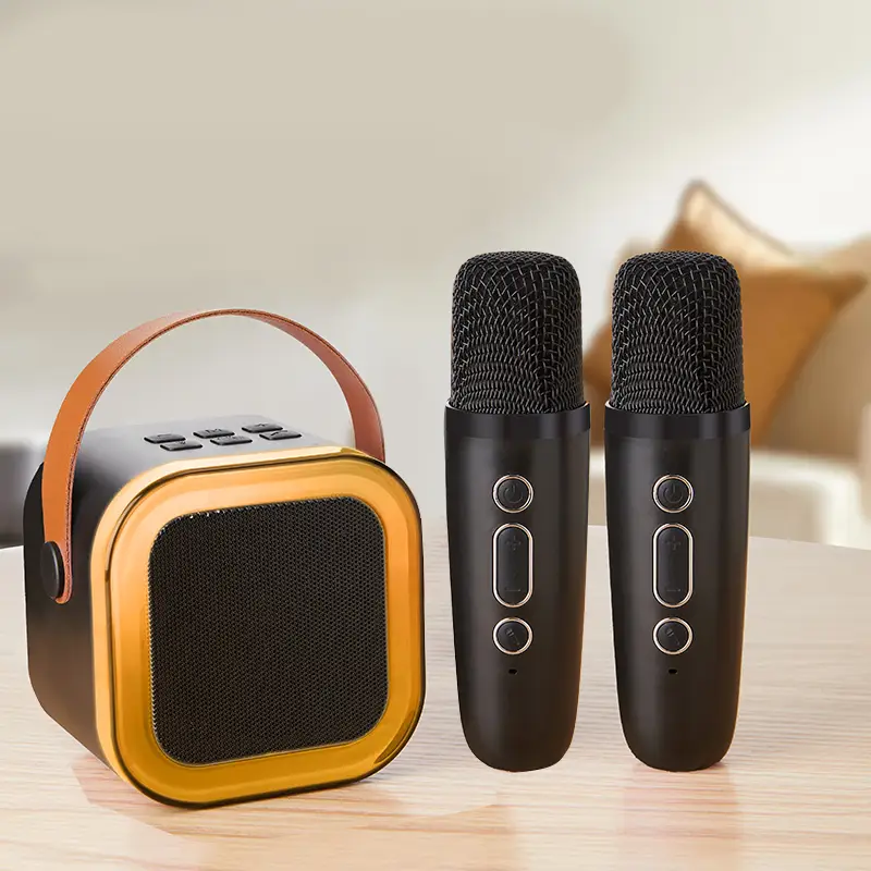 Mini karaoke machine, portable Bluetooth karaoke speaker with 2 wireless microphones and lighting, suitable for children and adults, Christmas and bir