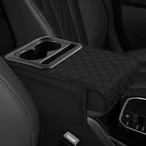 Car Center Console Cover, 13.39"×7.87"×2.76" Leather Armrest Cover for Cars, Memory Foam Armrest Pillow with Pocket, Cup Holder & Phone Slot, Universal Vehicle Arm Rest Cushion Pad (Black)