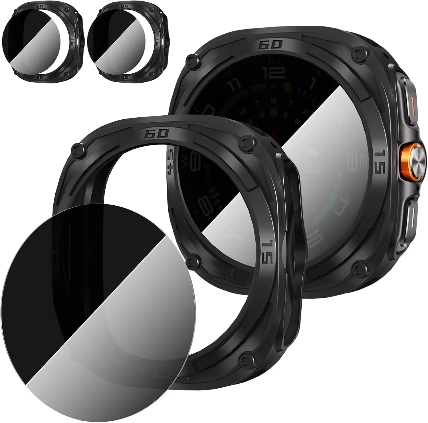 2+2 Pack for Samsung Galaxy Watch 7/8 Ultra 47mm (2024/2025) Case,Privacy Tempered Glass Screen Protector, All-Round TPU Protective Cover Bumper-Black+Black