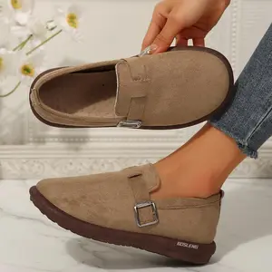 Women's Suede Buckle Mule Loafers Round Toe Comfortable Flats for Daily Fashion